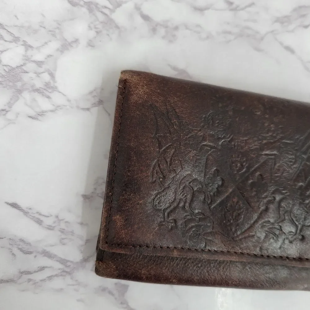 Faded Glory Vintage Brown Leather Wallet with Crest Dueling Dragons Embossed